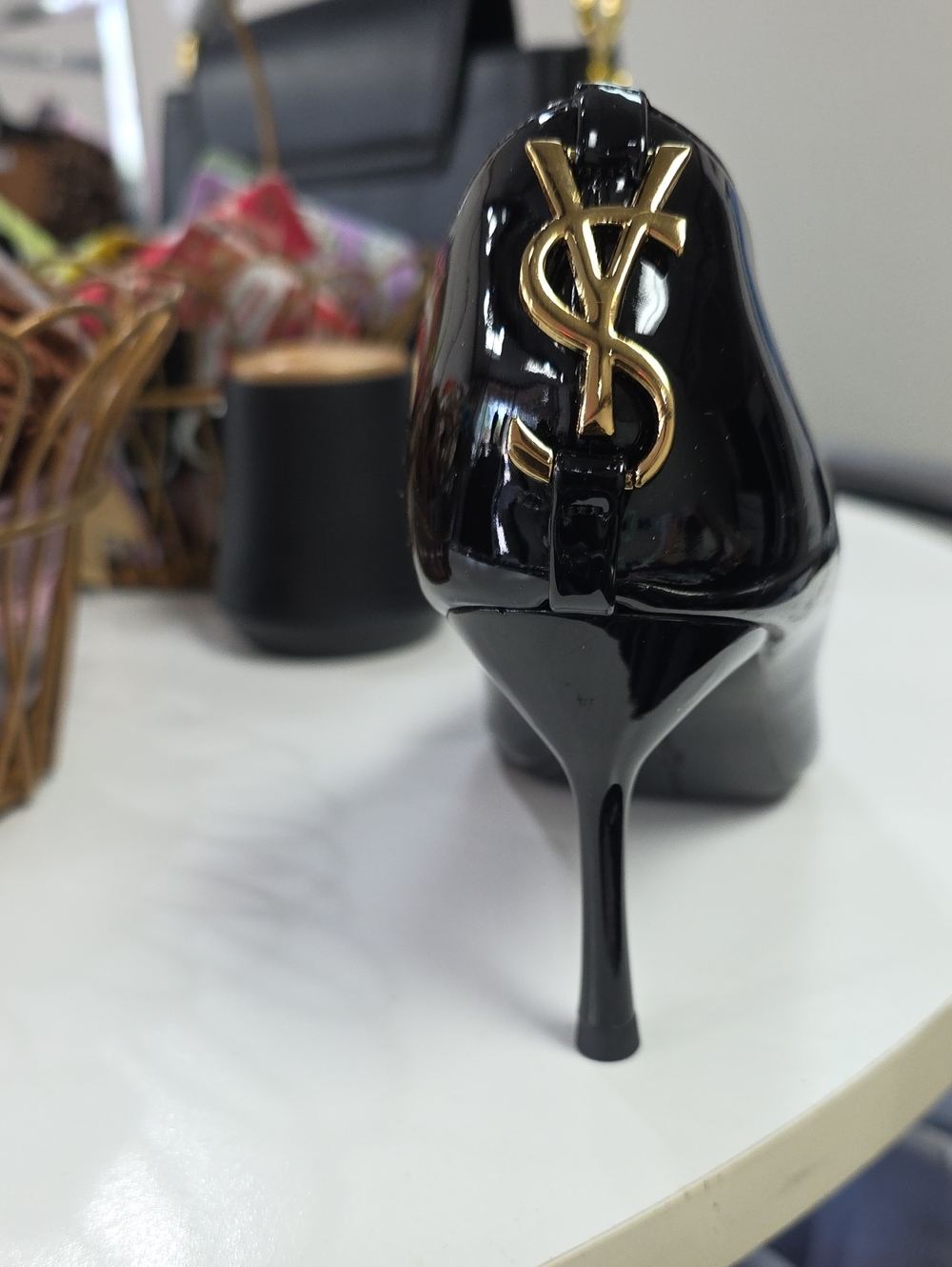 Saint Laurent Black Patent Leather Stiletto with Gold YSL Emblem